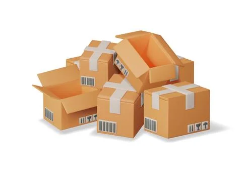 3D Stack of Cardboard Boxes Isolated. Stock Illustration