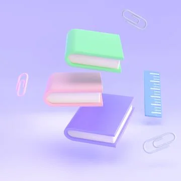 3D Stack of Closed Book and ruler falling down in air. Render Educational Stock Illustration
