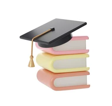 3D Stack of Closed Books and university or college black cap graduate Icon Stock Illustration