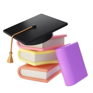 3D Stack of Closed Books and university or college black cap graduate Icon Illustrazione stock