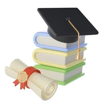 3D Stack of Closed Books, Diploma scroll and university or college black cap Stock Illustration