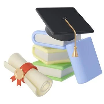 3D Stack of Closed Books, Diploma scroll and university or college black cap Stock Illustration