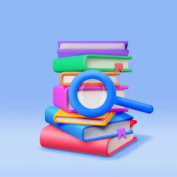 3D Stack of Closed Books with Magnifying Glass 스톡 일러스트