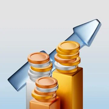3D stack of coins on metal block podium and arrow Illustrazione stock