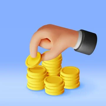 3D Stack of Gold Coins and Hand. Stock Illustration