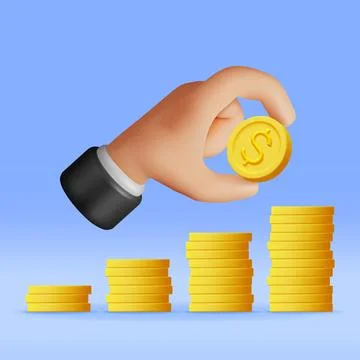 3D Stack of Gold Coins and Hand. Stock Illustration
