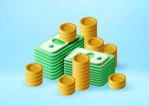 3D Stack of gold coins and pile of paper money 库存插图