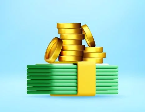 3D Stack of gold coins and bundle of banknotes. 库存插图