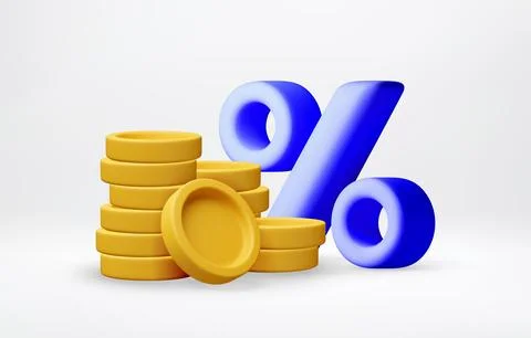 3D Stack of gold coins beside blue percentage Stock Illustration
