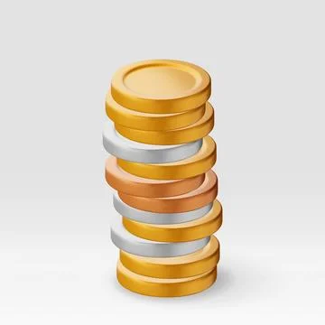 3D stack of gold, silver and bronze coins. Illustrazione stock