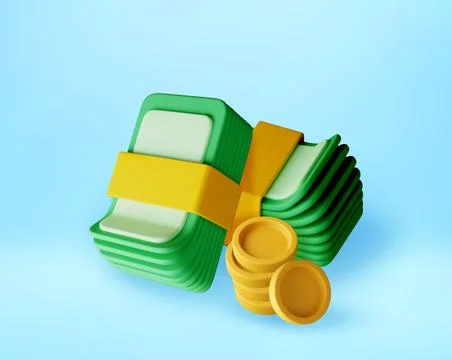 3D Stack of green paper currency and gold coins. 스톡 일러스트