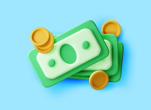 3D Stack of green paper money and yellow gold coin イラスト素材
