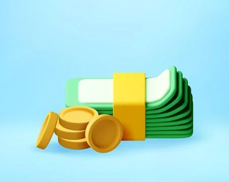 3D Stack of paper bills with and golden coins Stock Illustration