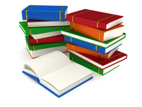 3d Stacks of Books and open book on white back 스톡 일러스트