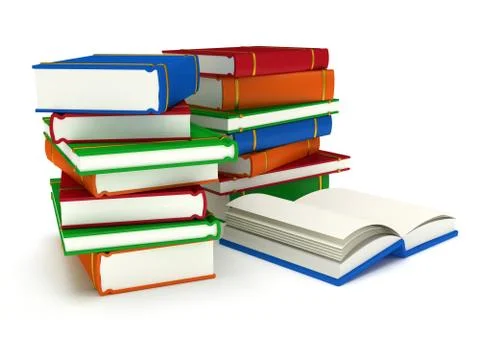 3d Stacks of Books and open book on white back 스톡 일러스트
