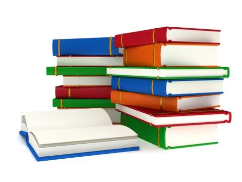 3d Stacks of Books and open book on white back 스톡 일러스트