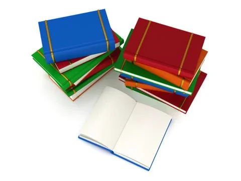 3d Stacks of Books and open book on white back 스톡 일러스트