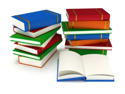3d Stacks of Books and open book on white back 스톡 일러스트