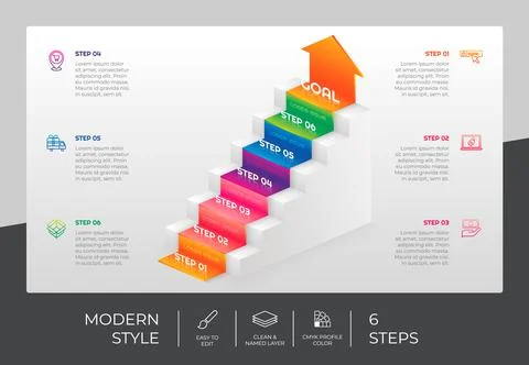 3d stair infographic vector design with 6 steps &amp; colorful style for presenta Stock Illustration