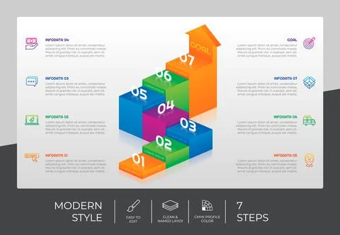 3d stair infographic vector design with 7 steps &amp; colorful style for presenta Stock Illustration