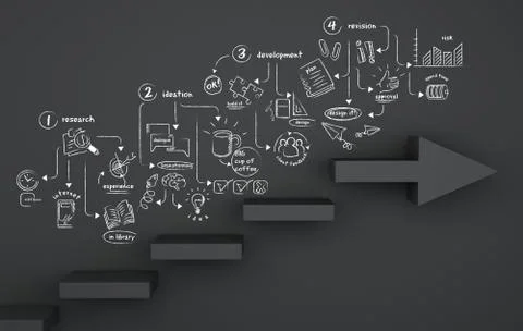 3d Staircase arrow with design process sketch Stock Illustration