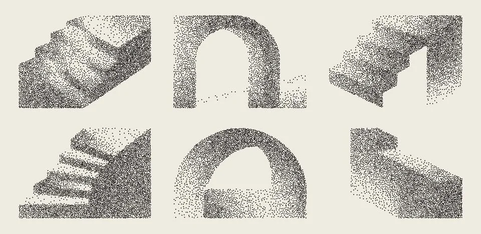 3D Staircase Elements Background. Grainy dot architecture with sparkle effects Stock Illustration