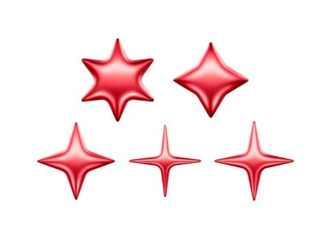3d Star Shapes Collection Red Shiny Glossy Metallic Icons Realistic Vector Stock Illustration