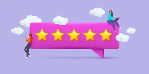 3d stars on speech bubble, consumer review. Customers rate, comments in survey Stock Illustration