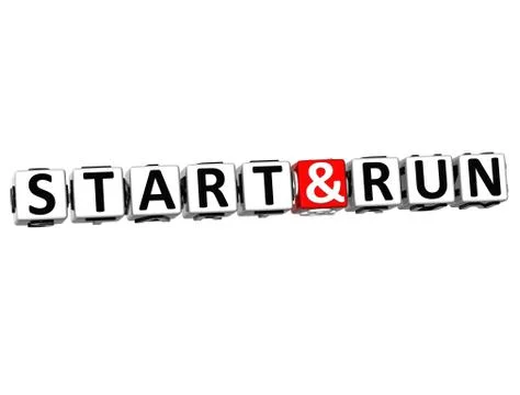 3d start and run button click here block text Stock Illustration
