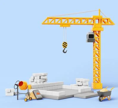 3d start of house construction with foundation and crane. Building works Illustrazione stock