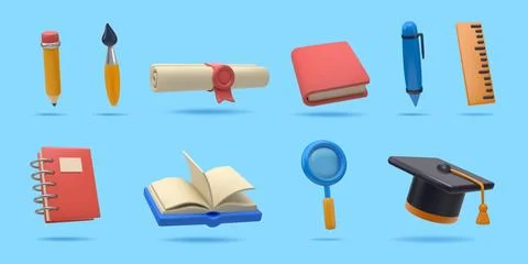 3D stationery. School book. Notebook, pen and pencil for education. Graduation 스톡 일러스트