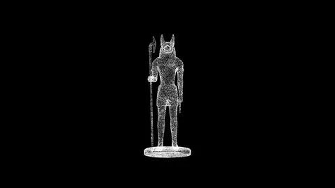3D statue of Anubis on black bg. Object dissolved white flickering particles. Ilustração Stock