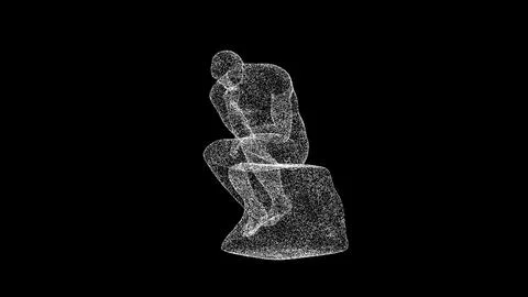 3D statue of a thinker on black bg. Object dissolved white flickering parti.. Illustrazione stock