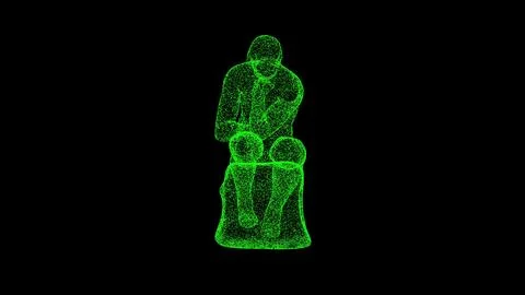 3D statue of a thinker on black bg. Object dissolved green flickering particl Illustrazione stock