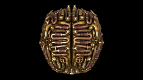 3D Steampunk brain model animation top view. ALPHA MATTE. Stock Footage 90329507
