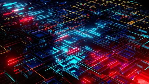 3d steel cubes, Abstract flying, fluorescent light, glowing neon cubes, Cubic Stock Illustration