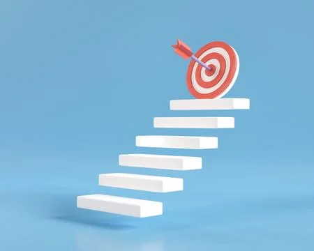 3d step with red arrow center on top stair. business strategy step to succe.. Ilustración de archivo