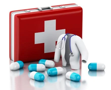 3d Stethoscope, pills and First Aid Kit. 스톡 일러스트