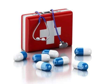 3d Stethoscope, pills and First Aid Kit. Stock Illustration