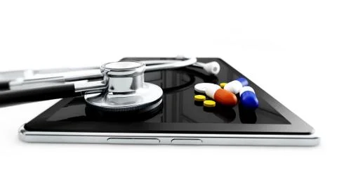 3d stethoscope with tablet on a white background Stock Illustration