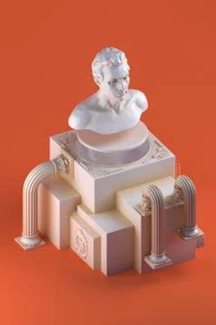 3d still life with bust statue and simple architectural forms on orange Stock Illustration