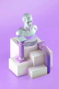 3d still life with bust statue and simple architectural forms on purple Stock Illustration