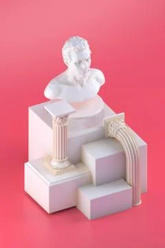 3d still life with bust statue and simple forms on red Stock Illustration
