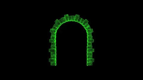 3D stone arch on black bg. Object dissolved green flickering particles. Busin Ilustração Stock
