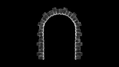 3D stone arch on black bg. Object dissolved white flickering particles. Busin Stockillustratie