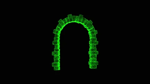 3D stone arch rotates on black bg. Object dissolved green flickering particles Stock Footage 235945345