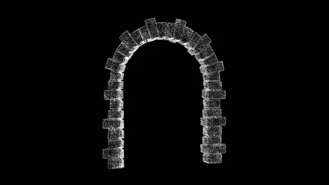 3D stone arch rotates on black bg. Object dissolved white flickering particles Video stock 235945391