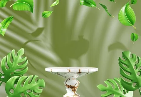 3d stone marble podium display with tea leaves and palm leaf shadow on green Illustrazione stock