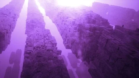 3d stone pillars in space. Motion. Large-scale stone pillars are flying in outer Illustrazione stock