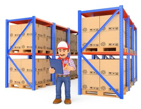 3D Storekeeper checking pallets in the warehouse Stock Illustration